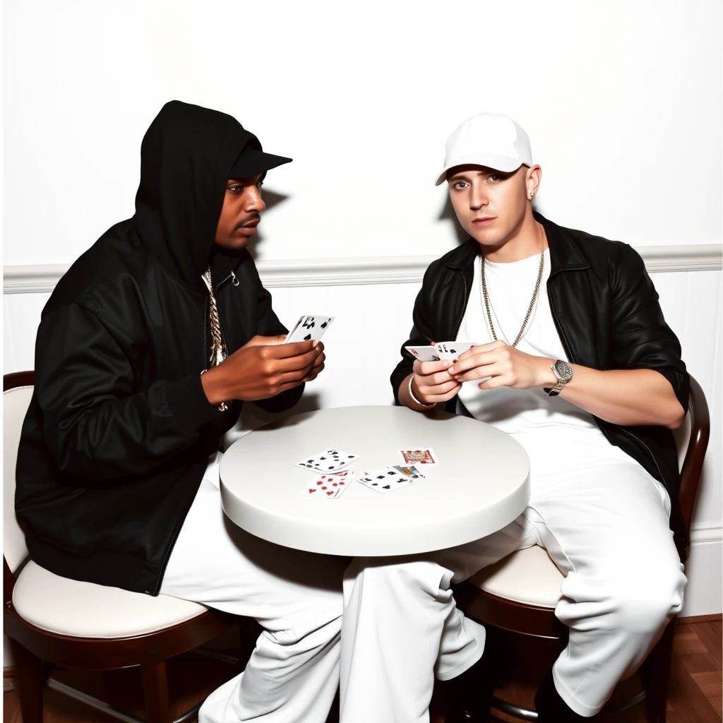 Slim Shady and Eminem are playing a game of cards. They are dressed in classic fashion. Slim Shady is seen wearing all white, and Eminem is dressed in all black. They are vibing with each other and the camaraderie is strong and positive.