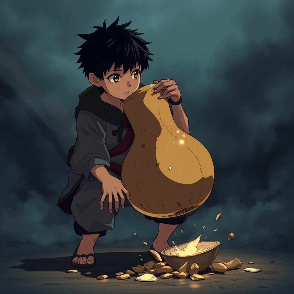 a dramatic scene of a boy holding a large, mysterious gourd from the king, trying to use it as a water jug and then as a bowl, but it's useless, with him finally smashing it on the ground, in a dark and moody anime style, focusing on the emotions and expressions, ((masterpiece)) - Image