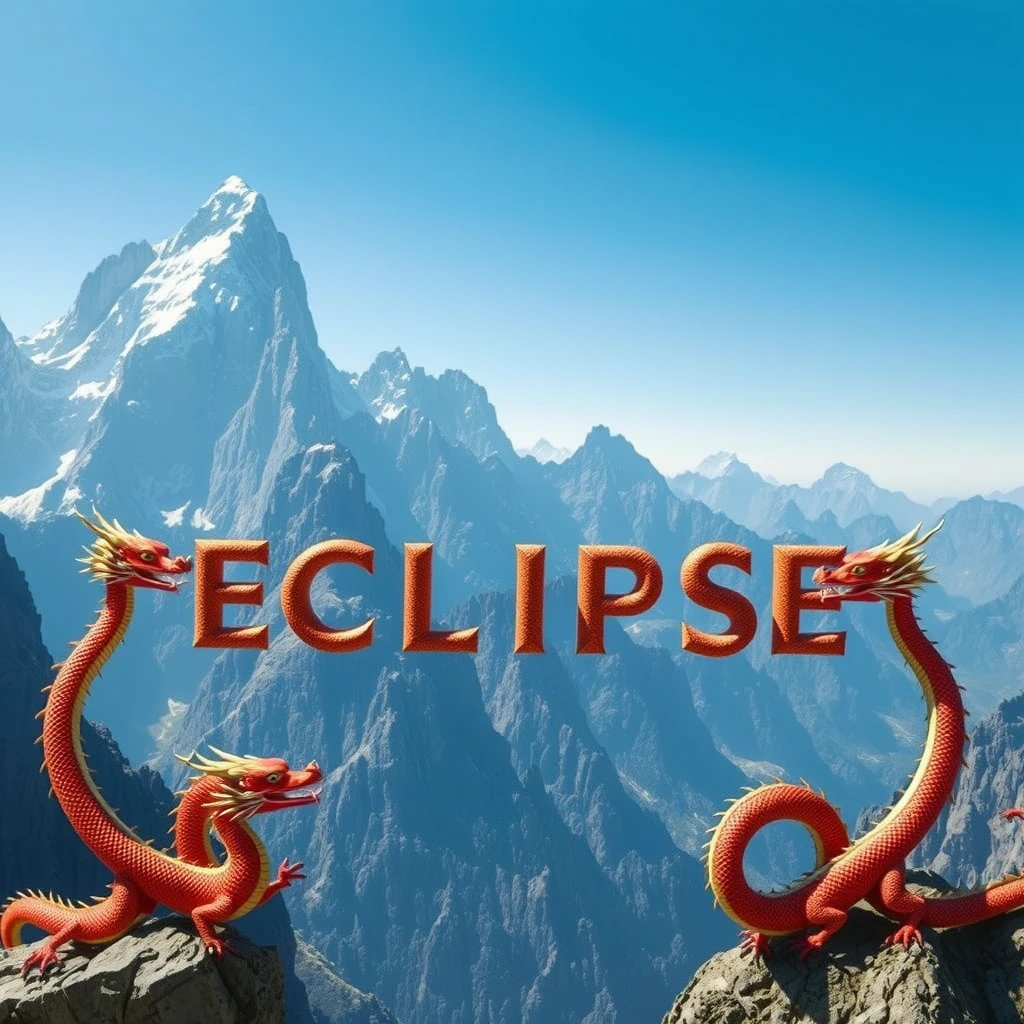 Subject: Nine Chinese dragons forming the word "Eclipse" against a backdrop of towering mountain peaks and a vibrant blue sky.
Environment: Majestic, towering mountain peaks pierce the sky, their snow-capped summits reaching towards the heavens. The mountains are rendered in detail, showcasing their rugged textures and imposing presence. The sky above is a vibrant, clear blue, stretching endlessly towards the horizon.
Dragons: Nine distinct Chinese dragons, each rendered in vibrant colors and intricate detail, are arranged in a formation that spells out the word "ECLIPSE". Their serpentine bodies twist and turn, their scales shimmering in the sunlight. Each dragon possesses a unique pose and expression, showcasing their individual personalities. Their long, flowing whiskers and sharp claws add to their majestic appearance.
Composition: The dragons are positioned in the mid-ground, with the towering mountain peaks providing a dramatic backdrop. The word "ECLIPSE" is clearly legible, formed by the dragons' bodies.
Perspective: The scene is viewed from a high vantage point, as if the viewer is looking out from a neighboring peak or soaring through the air. This perspective emphasizes the grandeur of the mountains and the impressive scale of the dragons.
Lighting: Bright, natural sunlight illuminates the scene, casting dramatic shadows on the mountain slopes and highlighting the vibrant colors of the dragons.
Color Palette: A vibrant and contrasting palette, with the deep blues of the sky, the white snow of the mountain peaks, and the vibrant colors of the dragons, such as red, gold, green, and blue.
Details: Pay close attention to the details of the dragons, including their scales, claws, whiskers, and expressions. The mountains should also be rendered with detail, showcasing their rocky textures and snow-capped peaks.
Overall Style: A blend of fantasy and realism, capturing the mythical nature of the dragons and the awe-inspiring beauty of the mountain landscape. The scene should evoke a sense of wonder, power, and the majesty of nature. - Image