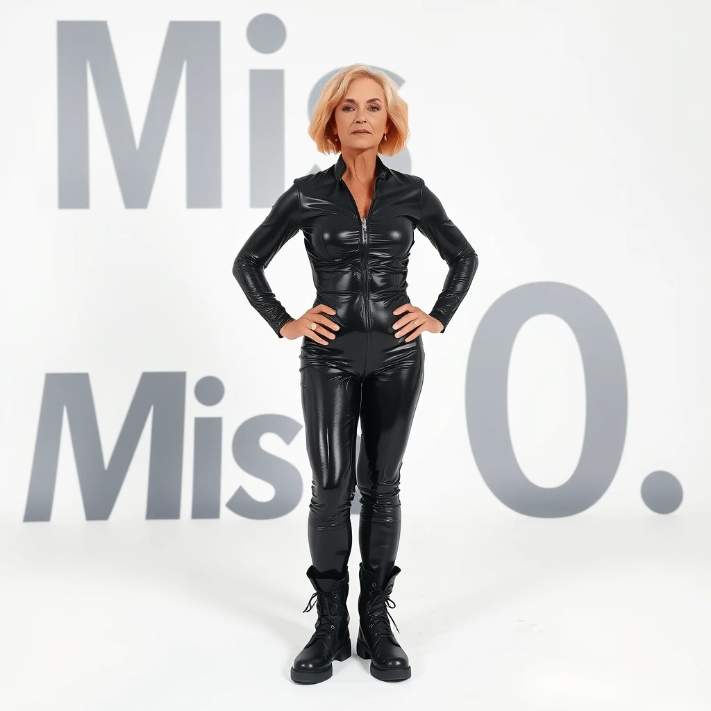 Extra wide shot of a 50-year-old woman with short wavy blond hair and a round face wearing a skin-tight, very reflective metallic black latex catsuit standing up, small breasts, legs apart, white background, shiny black army boots, large silver zipper on catsuit, muscular arms, hands on hips, (smoking a cigarette: 1.3), raunchy, sexy, the text "Miss O" in large black letters in the background, long sleeve stretchy latex catsuit.