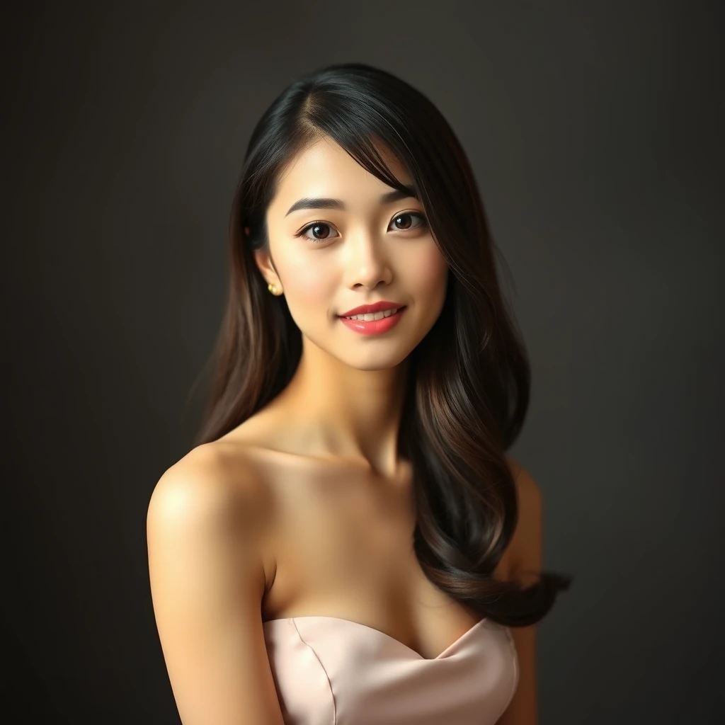 Young Asian woman with long hair in 50s style strapless dress.