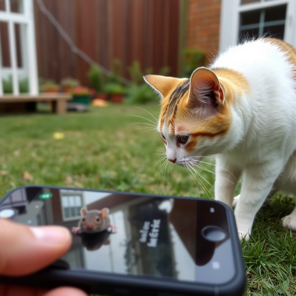 A cat is playing with a mouse on the back yard from a iphone perspective.