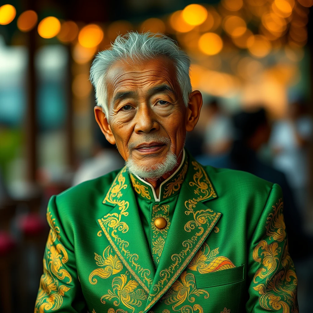 An old Malay man wearing a loki green and gold suit, intricate detail, bokeh, golden hour.