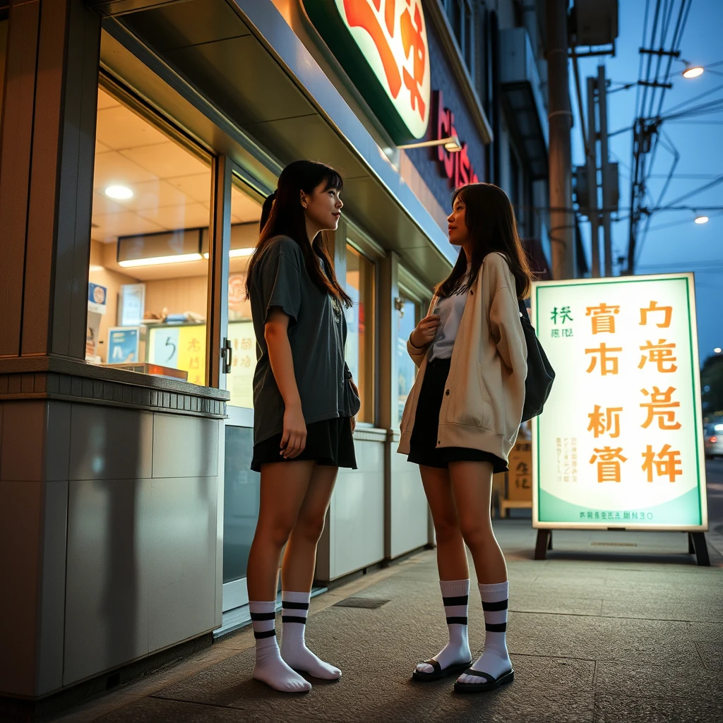 In the evening, two female students are chatting outside a restaurant, and their socks are visible. There is a sign outside the restaurant, and the words on the sign can be clearly seen, including Chinese characters. - Image