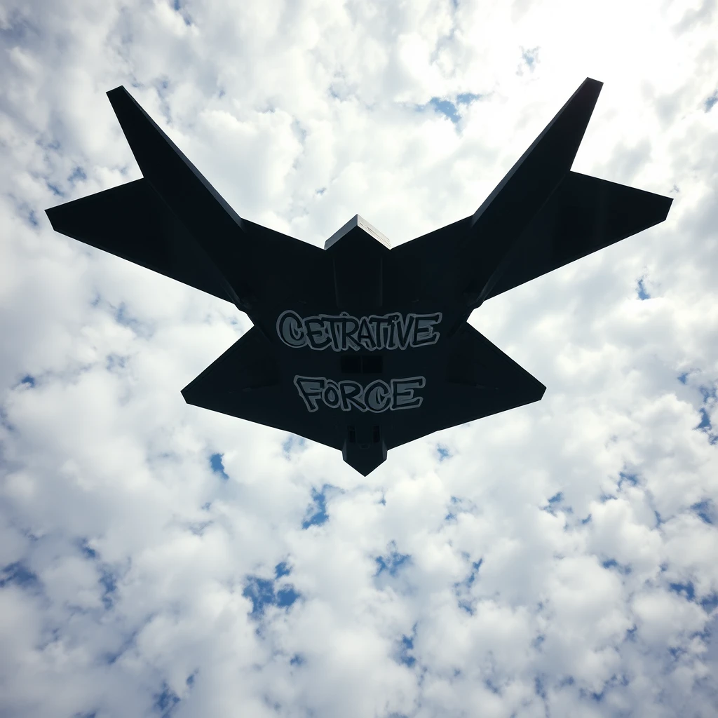 Camera is on the ground looking upward to the sky and sees the underside of an actual B-2 Stealth bomber flying high in the clouds. The words "Detroit Creative Force" painted in a graffiti style on the bottom of the plane's fuselage.