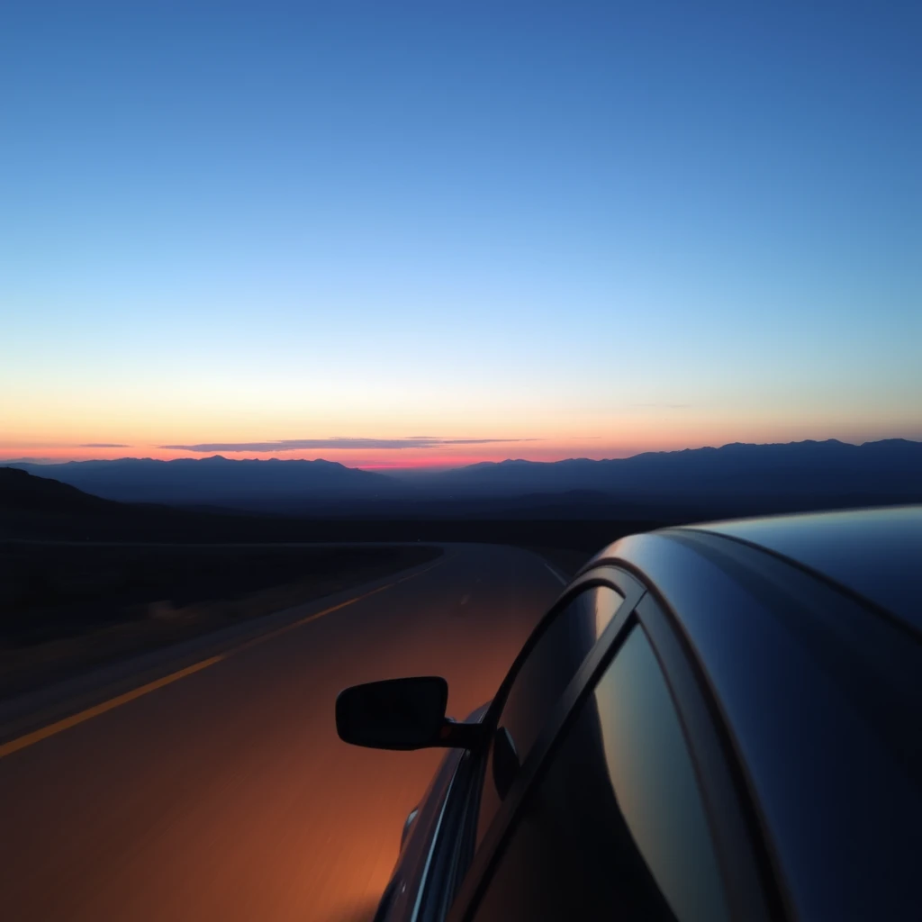 A car drives towards the dusk. - Image