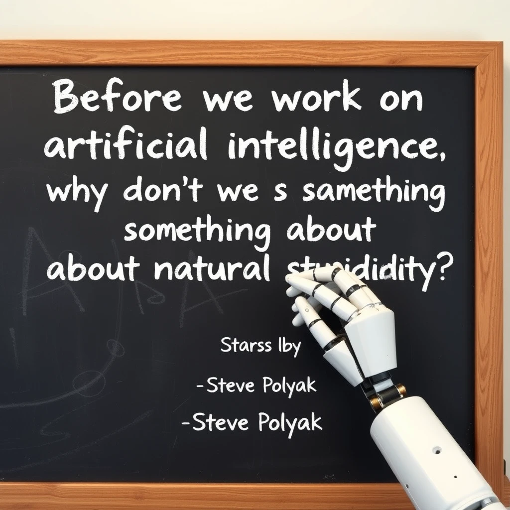 A robotic hand holding a piece of chalk writing with that piece of chalk on a chalkboard with writing on it that says “Before we work on artificial intelligence why don’t we do something about natural stupidity?”

—Steve Polyak, on a classroom style chalkboard - Image