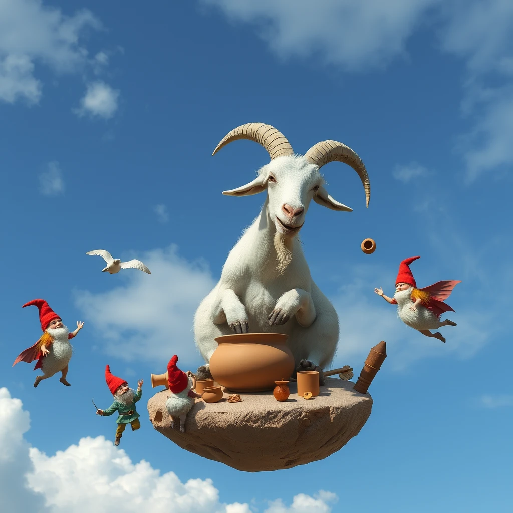 Photo of a goat making pottery while floating in the sky while gnomes dance around it. - Image