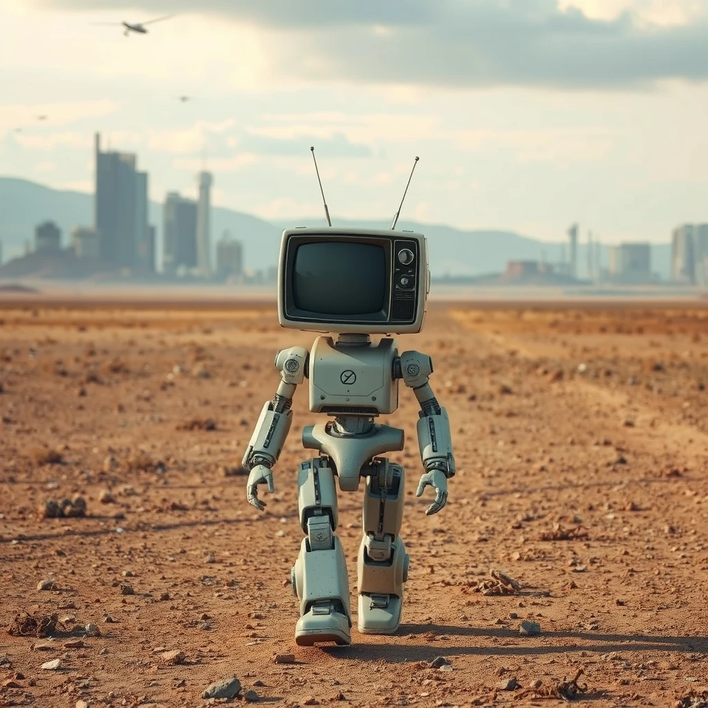 A robot with a 1950s TV for a head walking in a vast wasteland, modern ruins in the distance. - Image