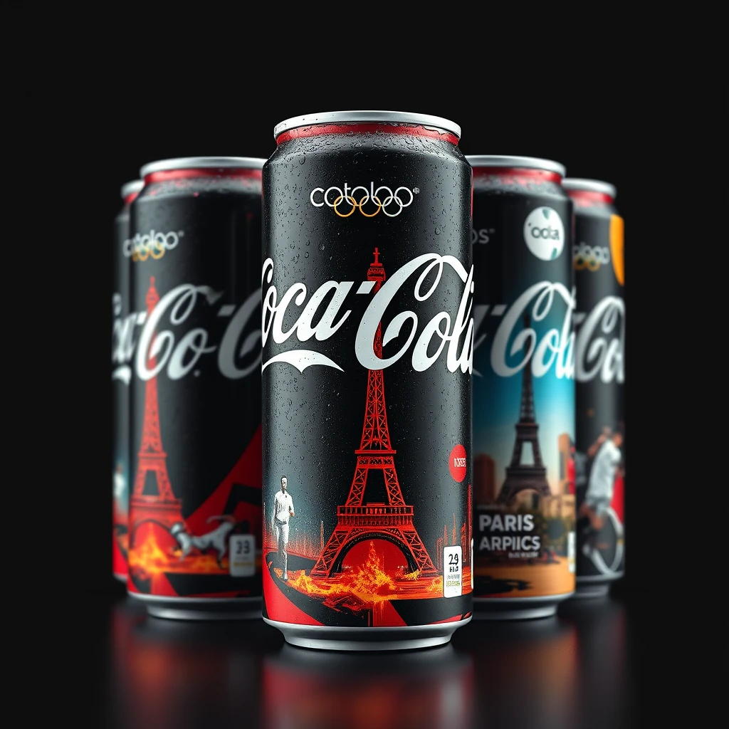 Realistic photography, limited edition Coca-Cola aluminum cans for the Paris Olympics, featuring The Olympic Rings and iconic Parisian landmarks like the Eiffel Tower alongside various sports images, set against a black background. The Coca-Cola logo is adorned with dew, showcasing epic visual effects and exquisite printing techniques, intricate details, and rich textures.