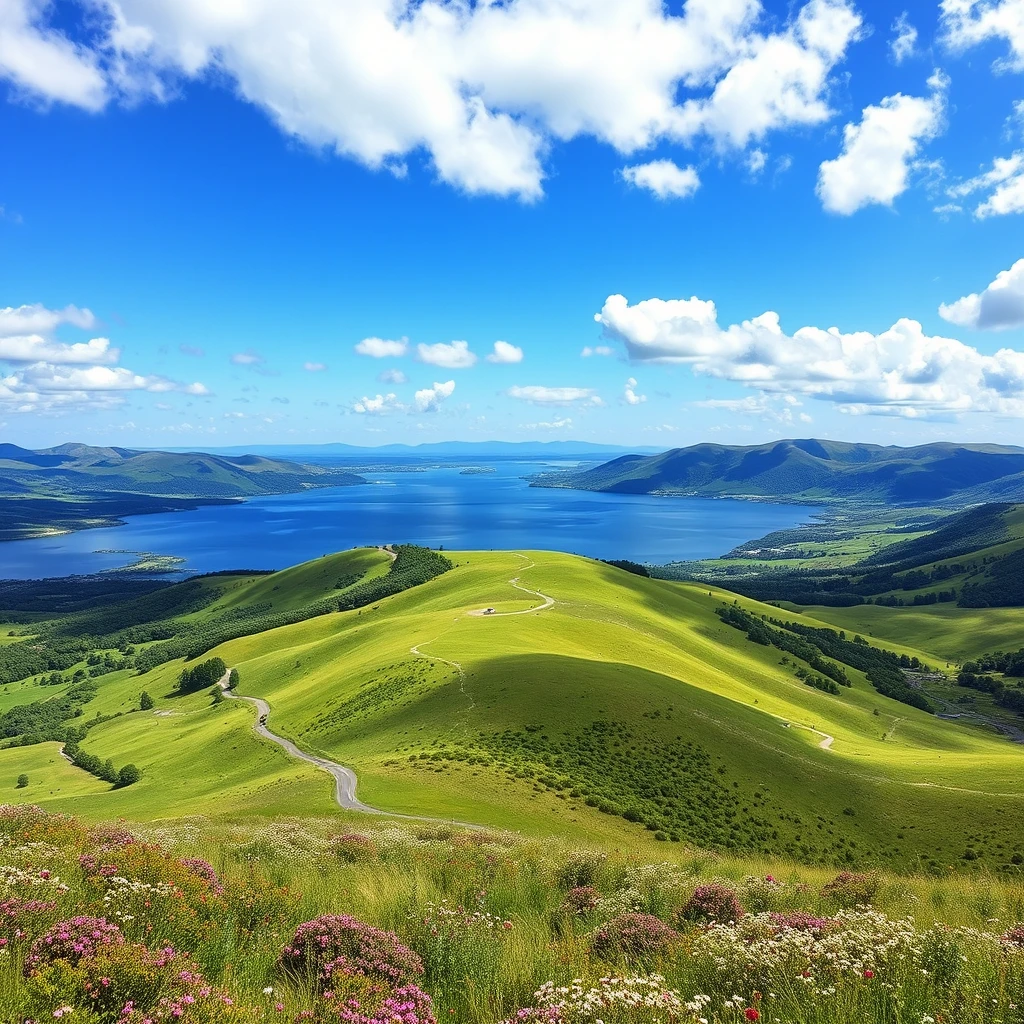 A blue lake, green grassland, and white clouds in the sky form an endless picture of nature. The vast land is surrounded by lush trees, with winding roads leading to it. On both sides, there can be flowers blooming. In front of you lie rolling hills and lakes that reflect sunlight. The photography has high definition and resolution, in the style of nature.