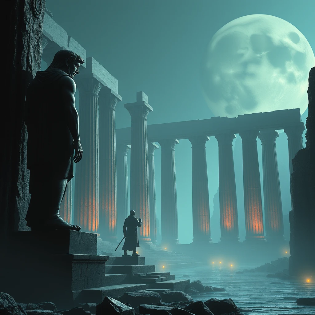 A futuristic acropolis with giant statues figures and a dark mood lighting, Blade Runner style.