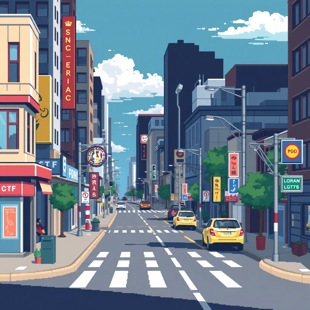 Urban streets, commercial streets, roads, pixel art, 2-bit.