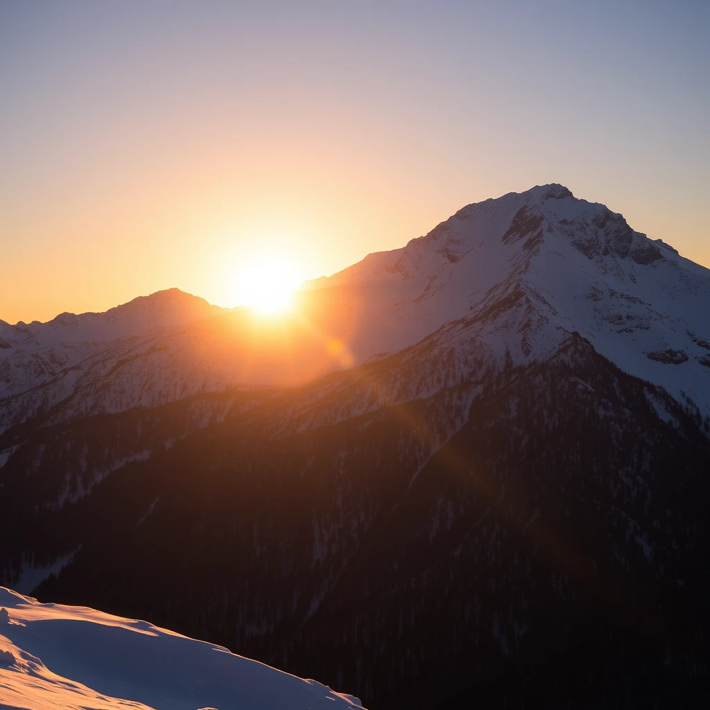 A sun back with a snow mountain at sunset.