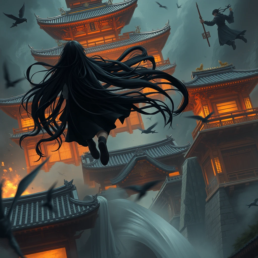 xuer flies over, 1girl, (dramatic, gritty, intense:1.4), masterpiece, best quality, 32k uhd, insane details, intricate details, hyperdetailed, hyper quality, high detail, ultra detailed, Masterpiece, (Science fiction, Japanese architecture:1.5), absurdly long hair, very long hair, (ninja:1.4),