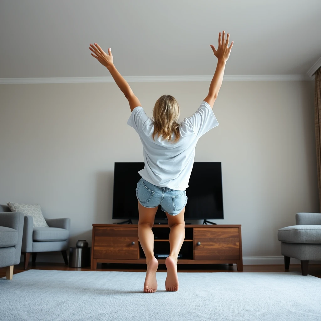 Side view angle of a skinny blonde woman in her large living room, wearing an extremely oversized white t-shirt that is also imbalanced on one of the shoulder sleeves, and oversized light blue denim shorts. She is barefoot and facing her TV. She dives headfirst into it, with both arms raised above her head and legs up high in the air, at a 60-degree angle, already halfway through the TV screen.