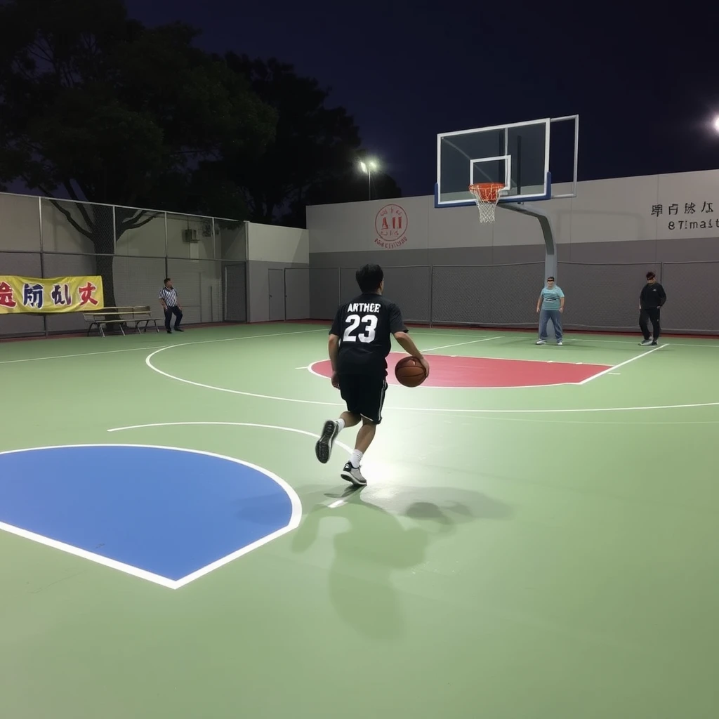 "On the basketball court, someone is playing basketball, with Chinese characters or Japanese."