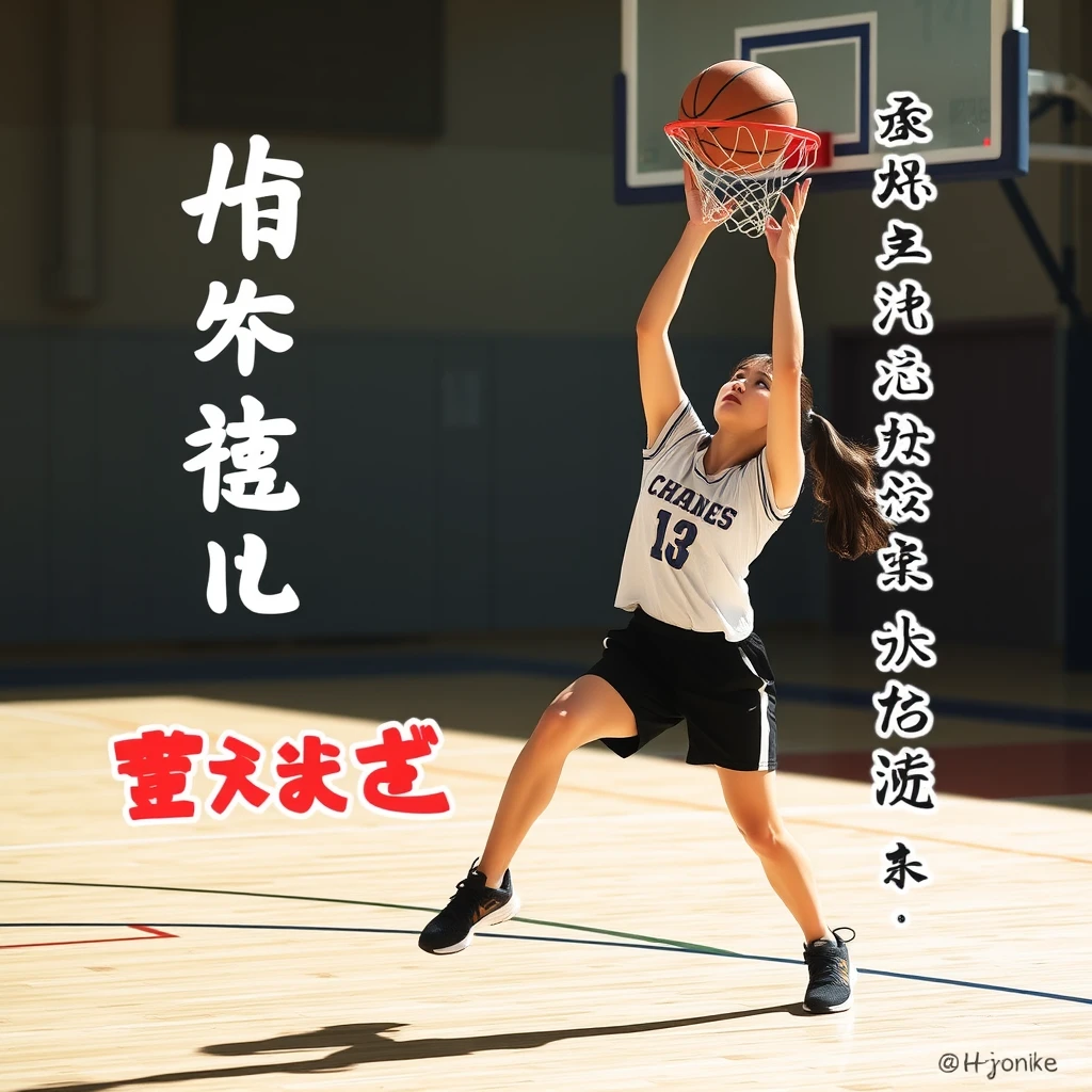 A woman is playing basketball, with Chinese characters or Japanese.