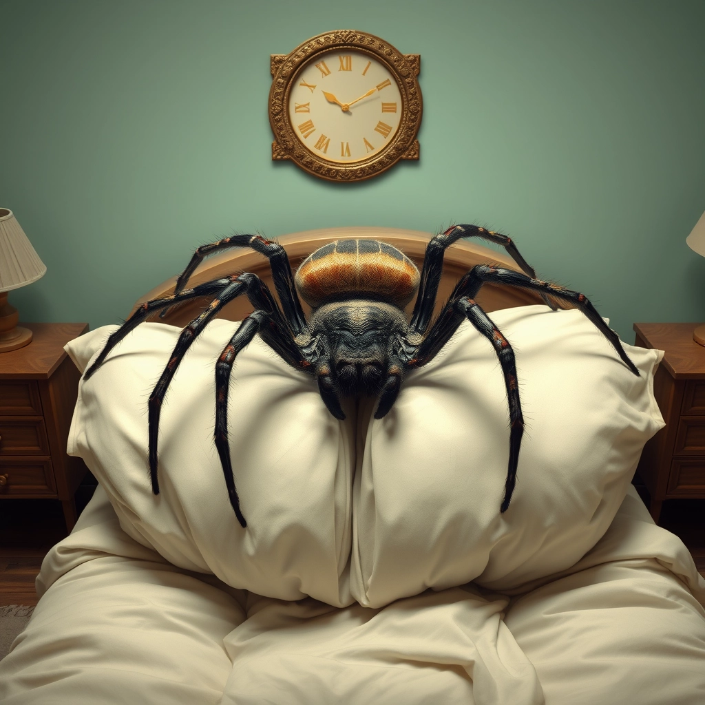 Very giant spider in the bed.