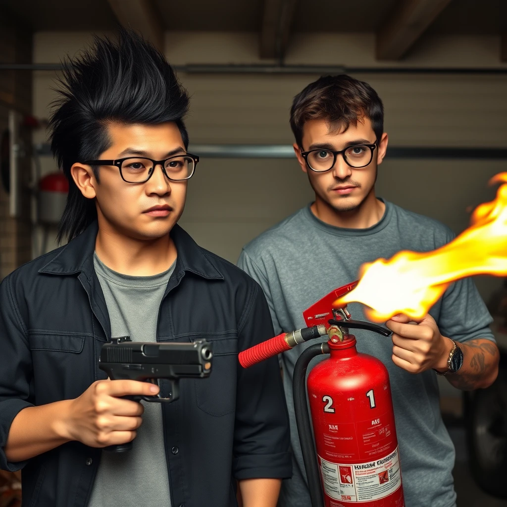 21-year-old white Chinese man with square glasses, long black mullet, holding a pistol; 21-year-old white Italian man with round prescription glasses and short hair holding a very large fire extinguisher flamethrower, in a garage setting, both angry.