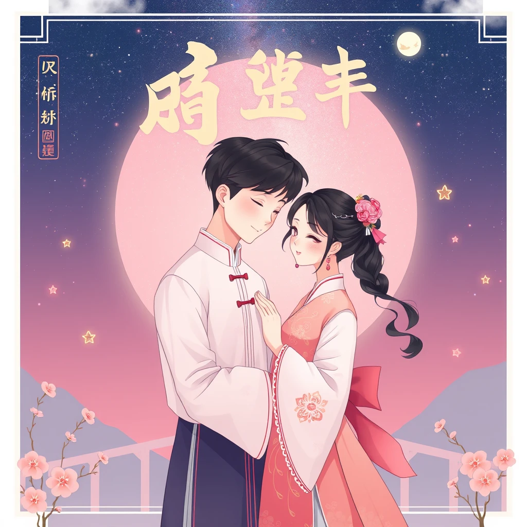 Love, Characters (a man and a girl, wearing traditional Chinese clothing) + Scene Elements (Magpie Bridge, Milky Way, stars) + Background (deep night sky) + Colors (soft pinks, purples, blues) + Chinese Style.