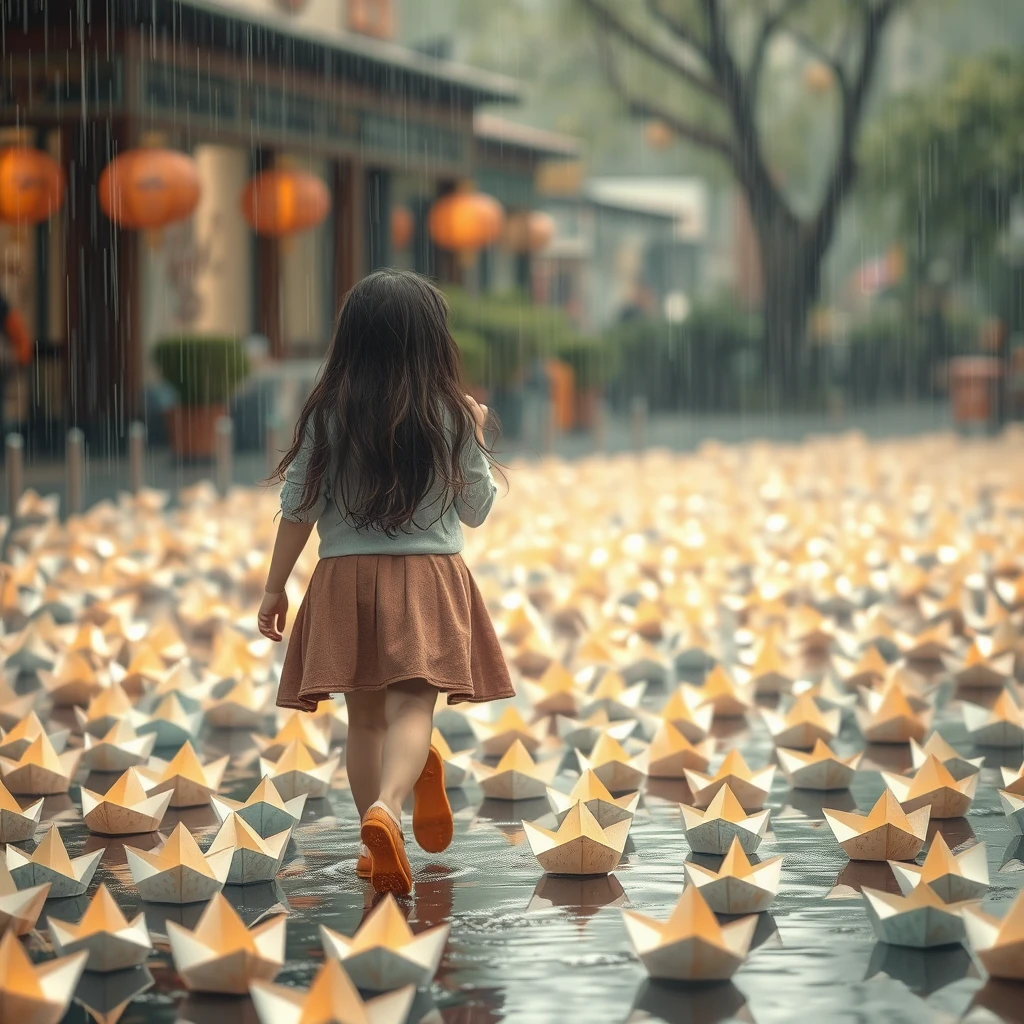 Girl walking in the rain, surrounded by many paper boats.