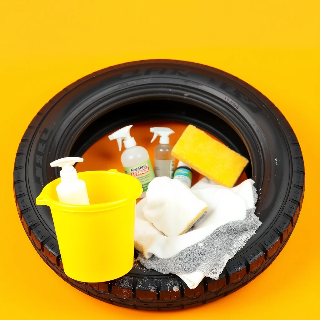 Studio photography of a used car tyre laying flat on the ground. A yellow plastic bucket, a car sponge, and white foam. Various cleaning products are placed on the tyre. The background is a solid orange, and the image is captured with high-key lighting from an angle that shows the front of the bucket.