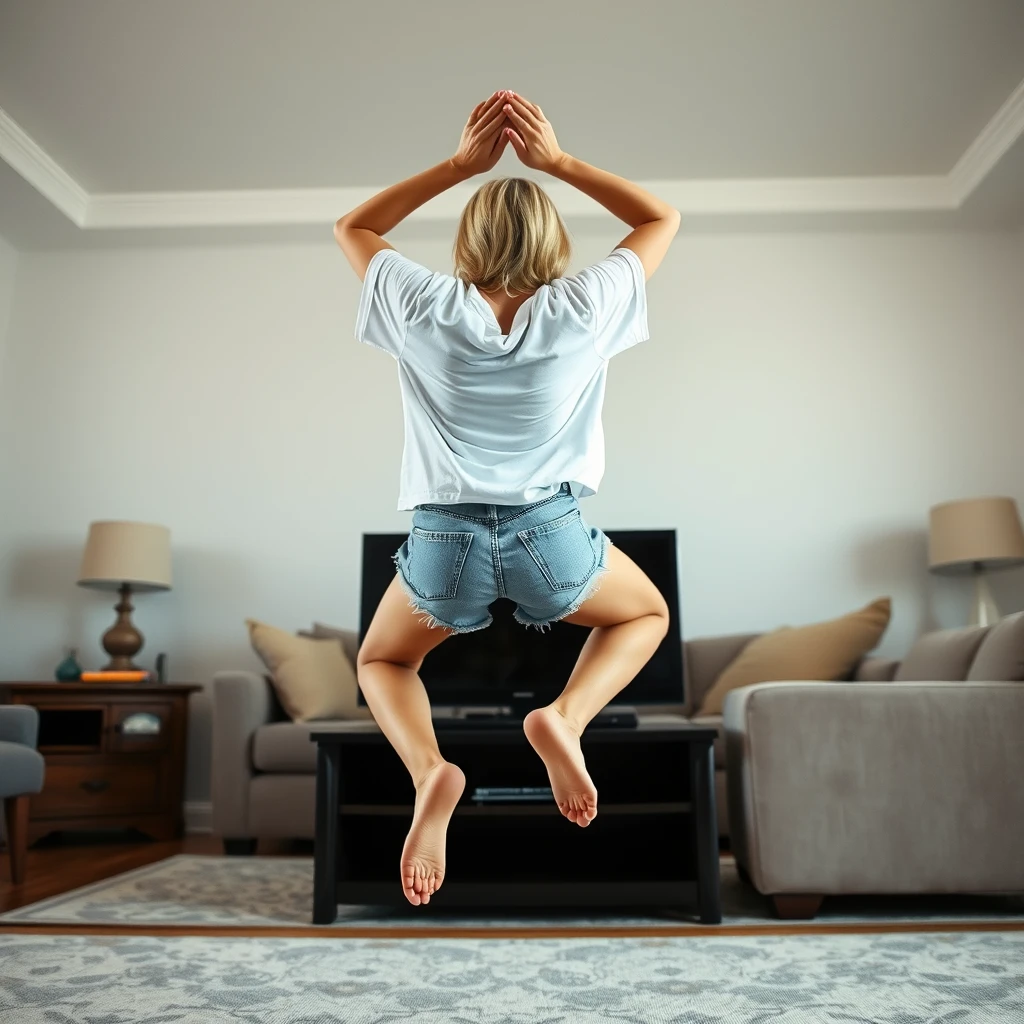 Side view angle of a skinny blonde woman in her large living room, wearing an extremely oversized white t-shirt that is uneven on one sleeve, along with oversized light blue denim shorts. She is barefoot and facing her TV, diving headfirst into it with her arms raised beneath her head and her legs elevated high in the air at a 60-degree angle, already halfway through the TV screen. - Image