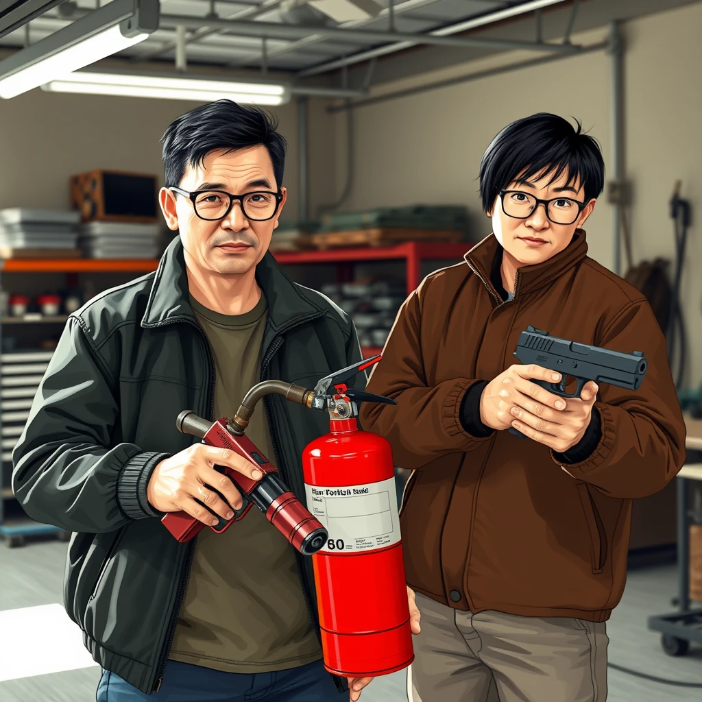 A 2-person set, consisting of 2 men: 1 Caucasian man and 1 Northern Chinese man, who are together in a garage setting. Here are the details, and I want every detail with accuracy.

The first one (the Italian white man) has these features: he is rather thin and has round prescription glasses. He also has short black hair and is holding a very large fire extinguisher flamethrower.

The second one (the Northern Chinese man) has these features: a thin long face, wears square prescription glasses, has mid to long fringe black hair, and is holding a pistol.