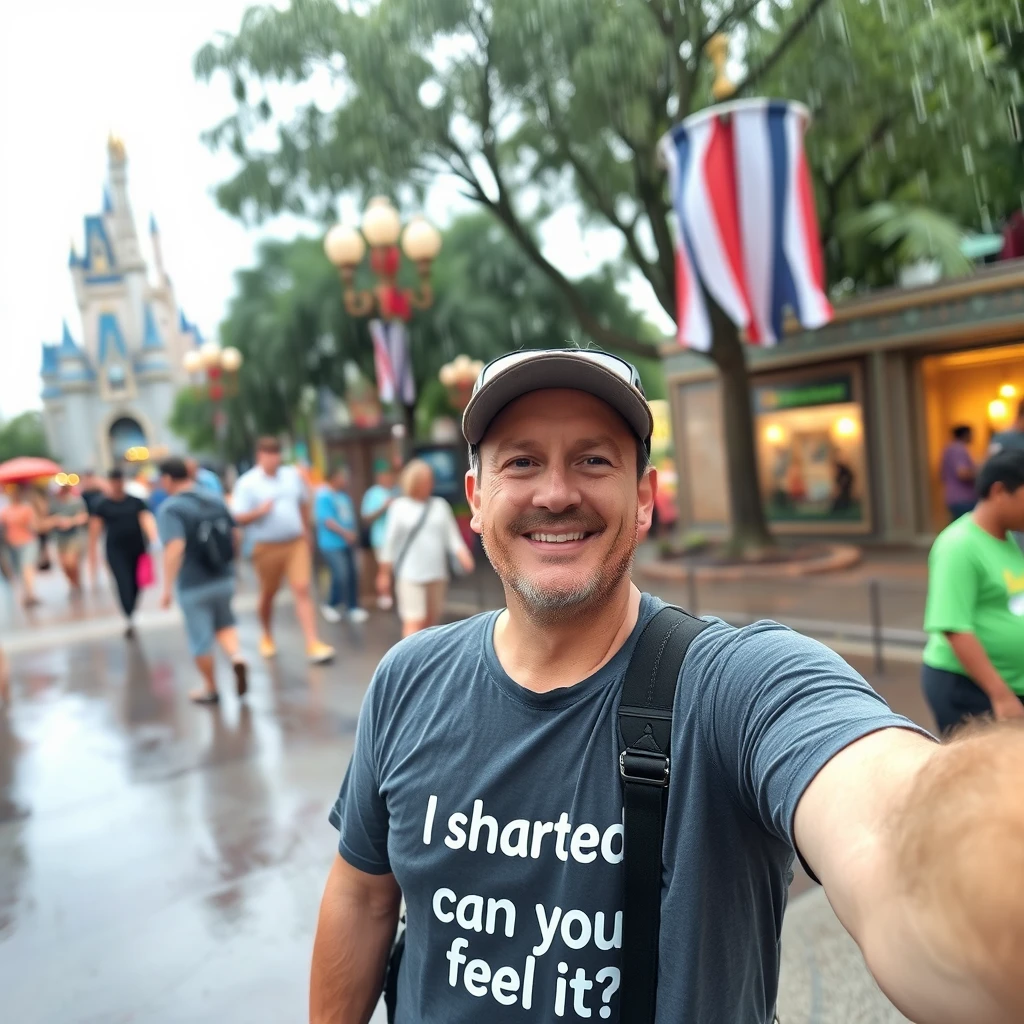 A father taking a selfie in Disney World on a rainy day wearing a shirt that says "I sharted, can you feel it?"