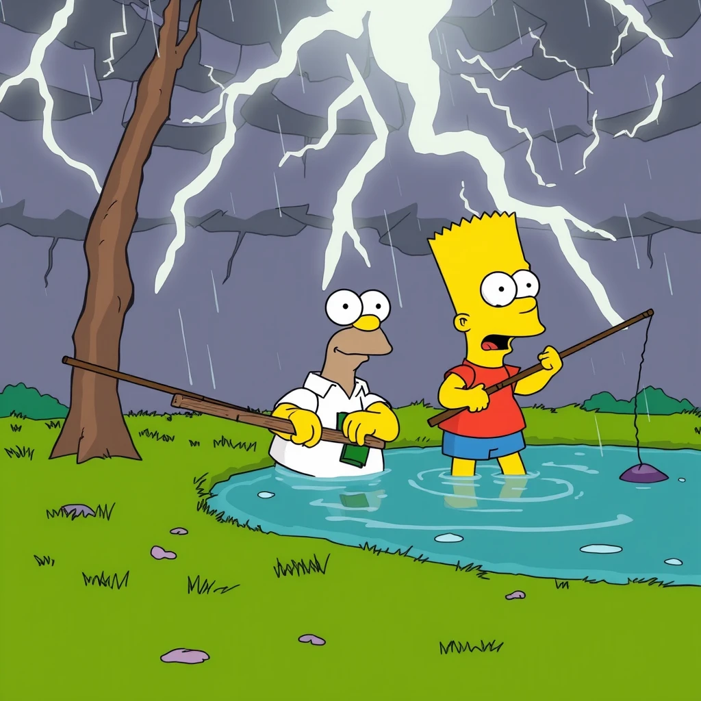 Simpson scene. Homer and Bart fishing in a mad thunderstorm. - Image