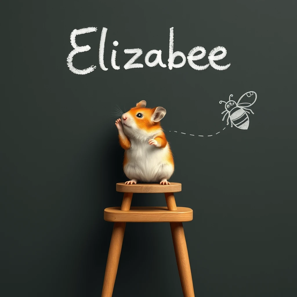 A hamster standing on a long stool writing "Elizabee" on a chalkboard, a doodle of a bee. - Image