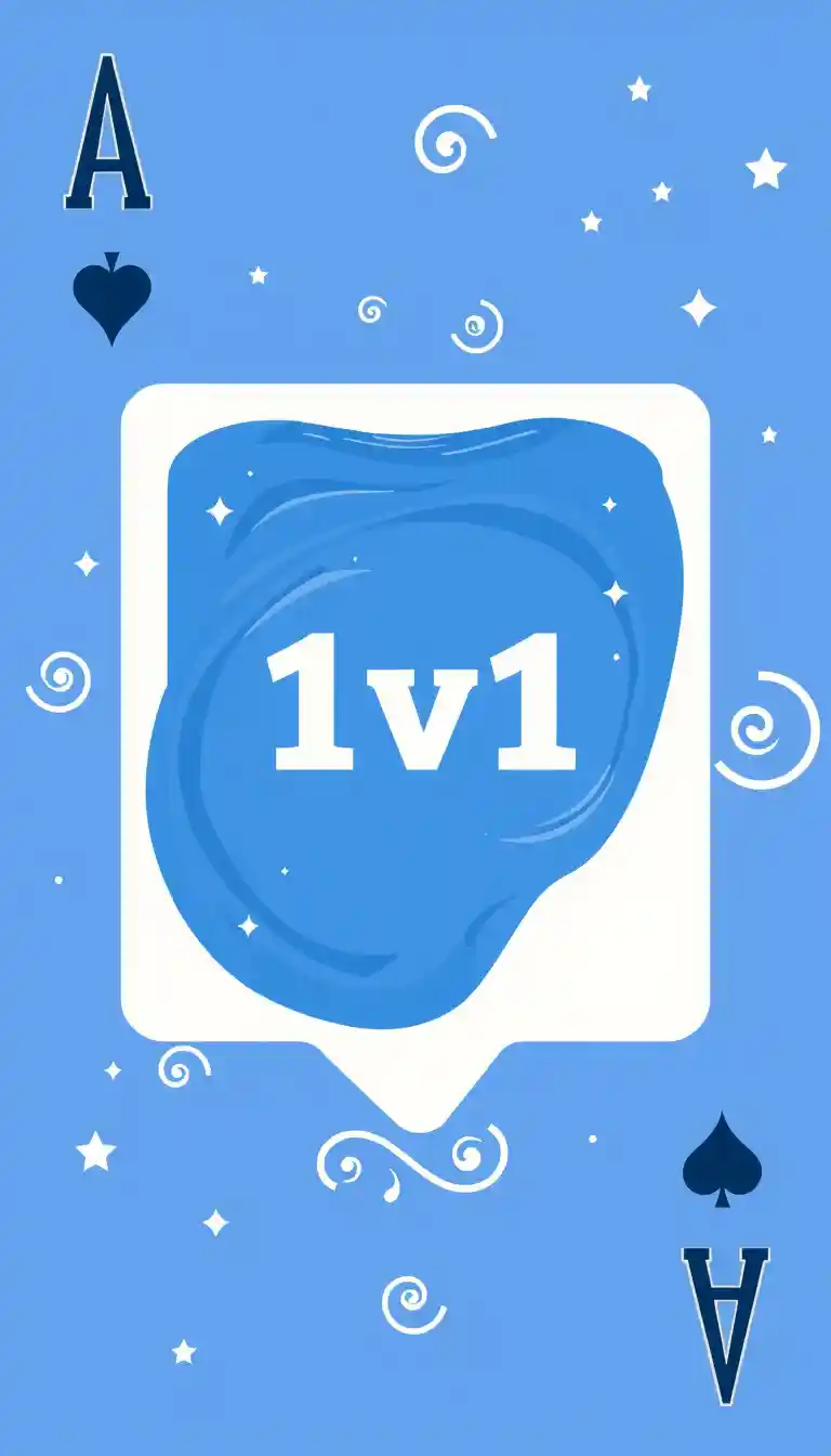 The image is a graphic design of a playing card with the blue water in the center. In the center it's written "1v1". The card is portrait in shape and has a blue background with white swirls and stars scattered throughout. The overall design is modern and minimalistic.