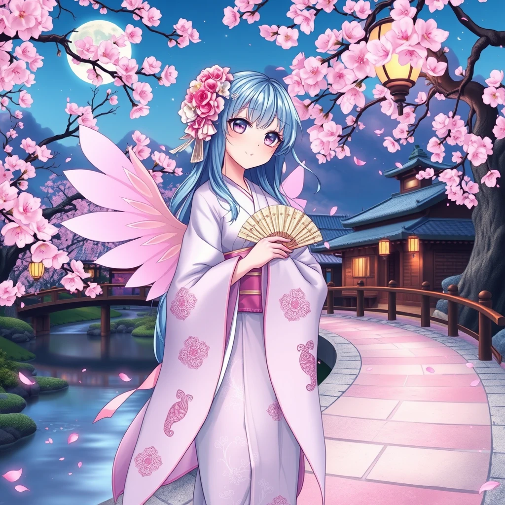 Anime goddess
Cherry blossom grove
Sapphire blue hair
Lavender eyes
Twilight sky
Traditional kimono
Moonlight fabric
Oceanic hues
Cherry blossom patterns
Koi fish motifs
Translucent wings
Pastel shimmer
Elaborate gloves
Cherry wood fan
Mother-of-pearl inlay
Evening breeze
Brook babbling
Fallen petals
Wooden bridge
Ancient Japanese village
Lantern glow
Long shadows
Sakura scent
Koto melody
Delicate interplay of light and shadow
Soft color palette
Tranquil atmosphere
Ethereal elegance
Star reflections
Serene landscape
Pink and white pathway - Image