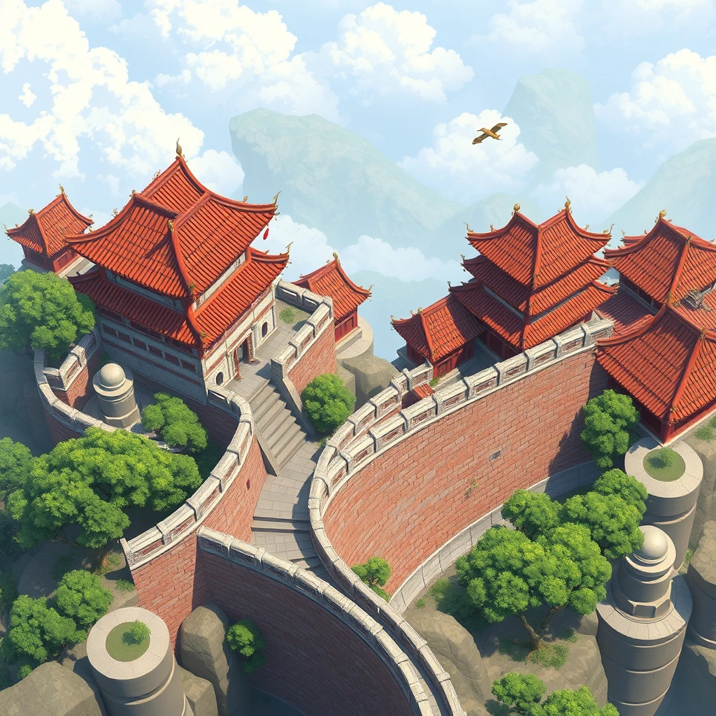 Ancient Chinese architecture, city wall, top view, game scene design, vertical perspective, animation style, thick coating, national style game style. - Image