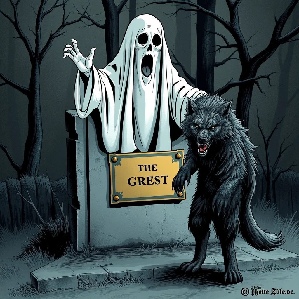 'A ghost on its gravestone with a brass plaque, in front of it a stooped werewolf.'