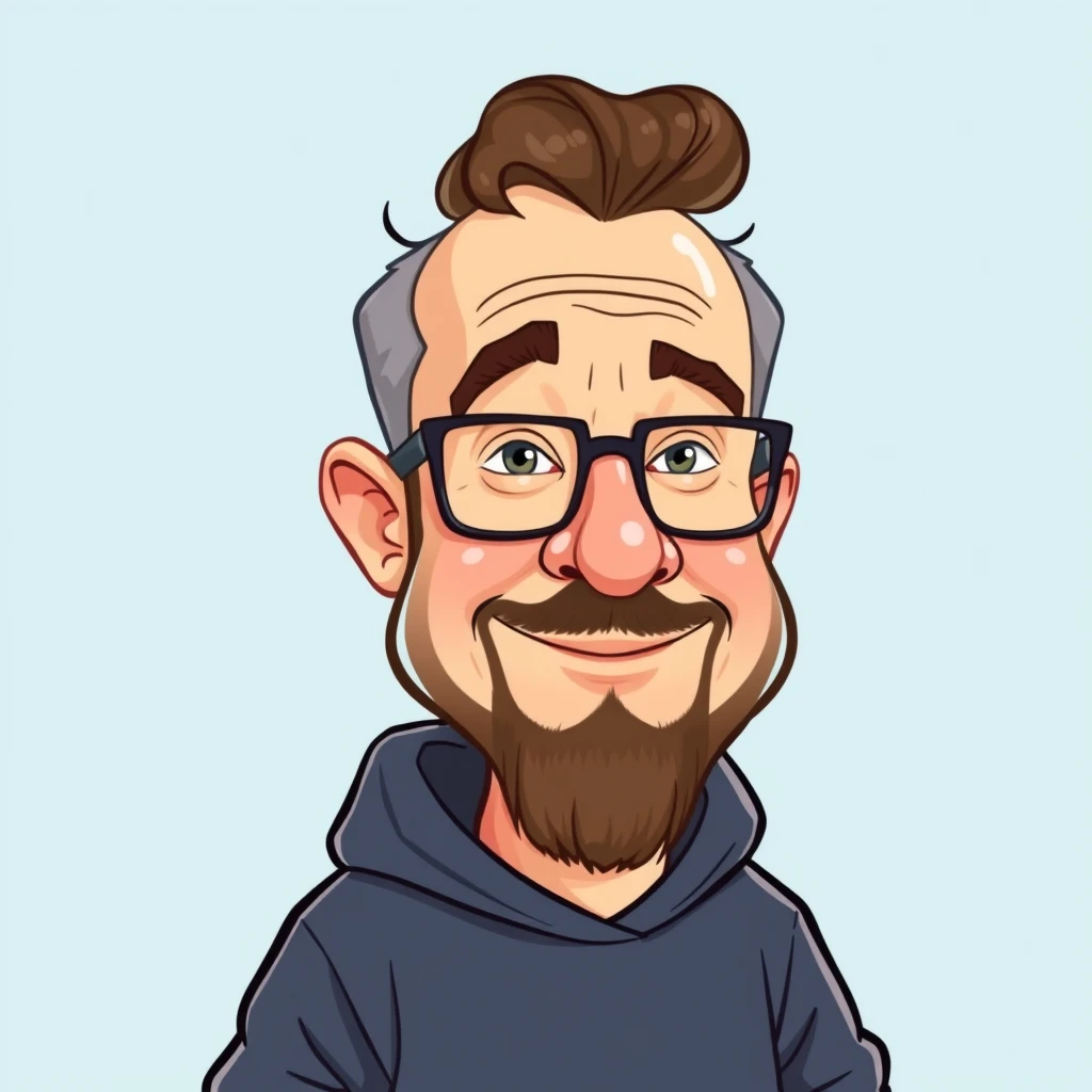 **An illustration of a caricature character in the style of a cartoon, with short curly hair and a beard wearing glasses and a sweatshirt, with a background in light blue tones. The artwork should capture his essence through exaggerated features and expressive elements to bring out his personality. Use bold lines for outlines and soft colors to create depth.** - Image