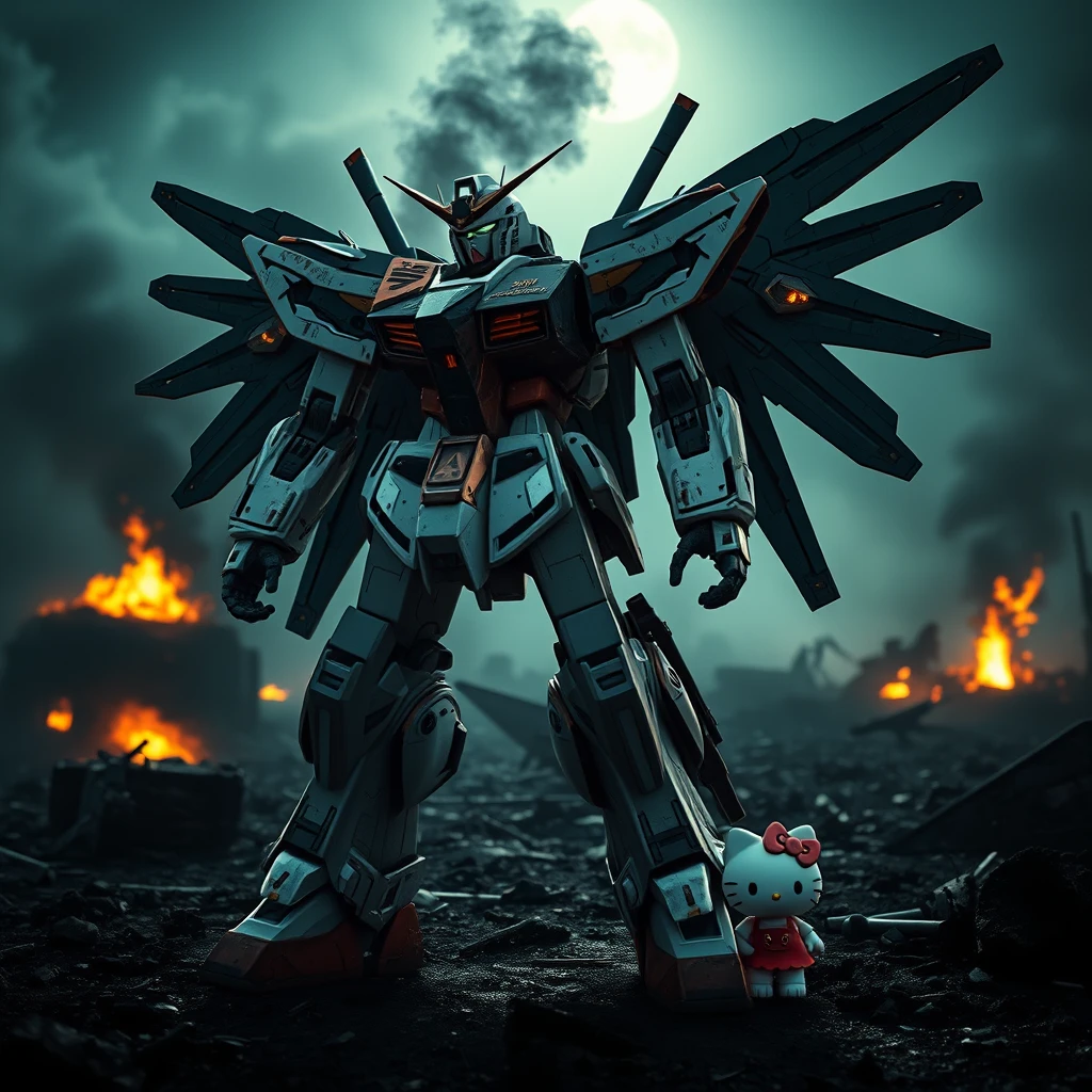 highly realistic Gundam Wing mech standing in a dystopian battlefield, realistic reflections, heavy battle damage on the Gundam, smoke rising from the Gundam, smoldering ruins, 8k, cinematic, dynamic heroic cinematic camera angle, atmospheric lighting, dark and gritty, moonlight, realistic surfaces, sharpened image, bokeh, depth of field, female Hello Kitty pilot by the Gundam's foot.