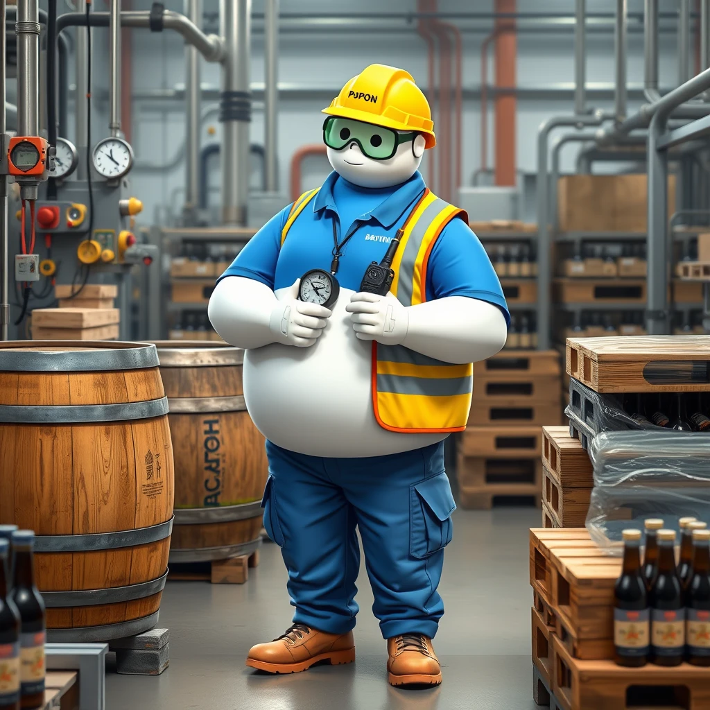 Baymax is examining bottles with the gauge in the quality control and inspection area of a beer bottling plant surrounded by machinery, a barrel, gauges, measuring instruments, pallets, beer bottles, dressed in a blue polo shirt that covers his entire torso, safety equipment, a reflective vest, safety shoes, a walkie-talkie, industrial safety goggles, blue cargo pants, and a yellow hard hat that has the word POPON written on it. The polo shirt has the word POPON written on it. - Image