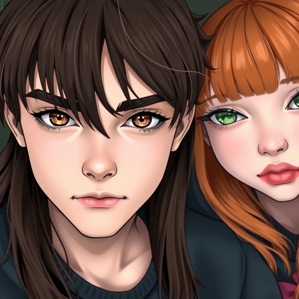 A young guy with long dark brown hair parted in the middle, sharp facial features, pale skin, light brown eyes, thick eyebrows, and long eyelashes, next to a cute white ginger girl with a turned-up small nose, pink lips, green eyes, and long bangs.