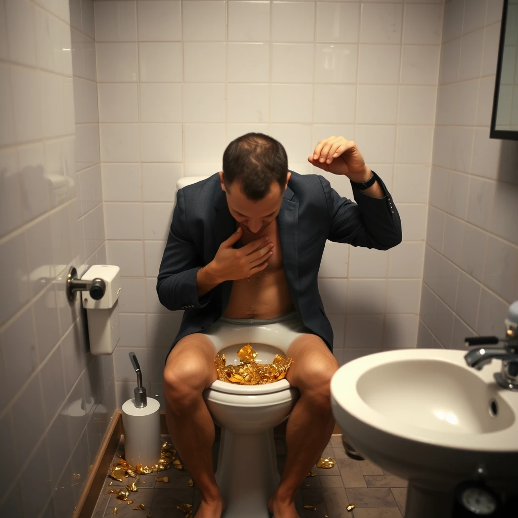 A man in the toilet shitting gold. - Image