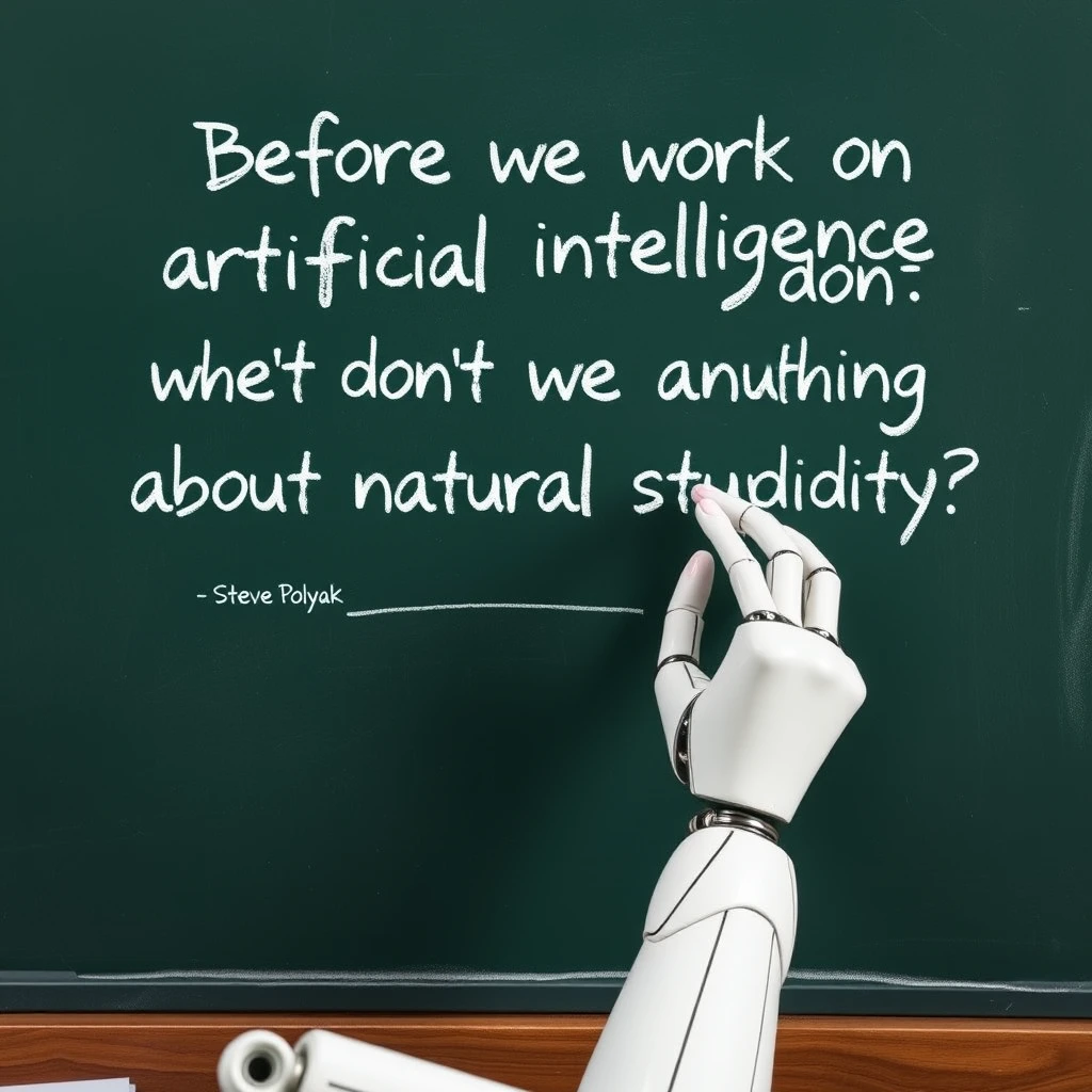 A robotic hand holding a piece of chalk writing with that piece of chalk on a chalkboard with writing on it that says “Before we work on artificial intelligence why don’t we do something about natural stupidity?”

—Steve Polyak , on a classroom style chalkboard