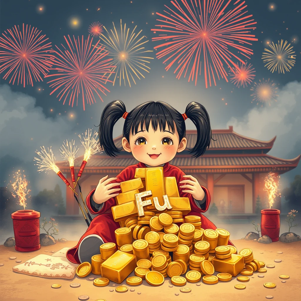 The little girl is sitting on the ground holding a pile of gold bars and coins. She has two pigtails and wears red clothes. There are firecrackers and the word "Fu". Behind her is a villa. The fireworks in the sky light up everything.