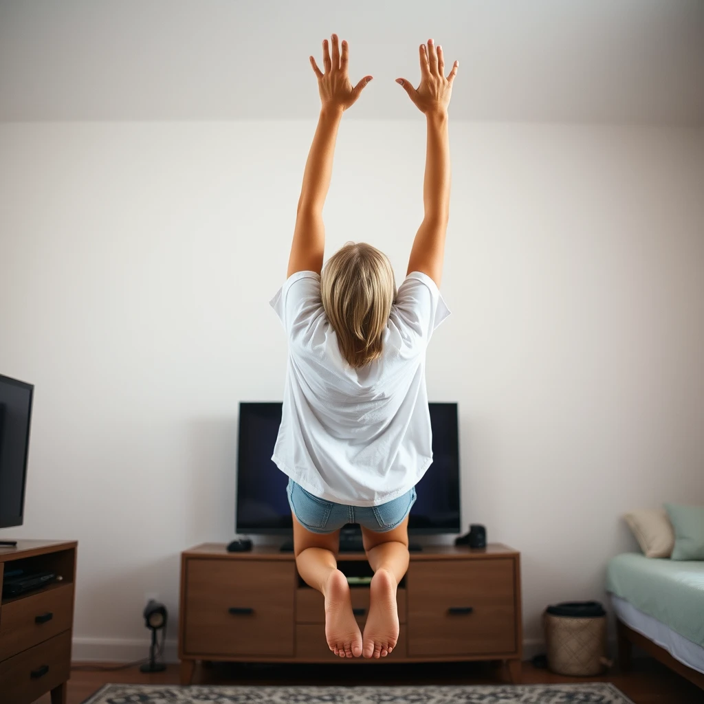 A side angle of a young blonde, slender woman in her twenties is in her bedroom, wearing an oversized white t-shirt and light blue denim shorts. She is barefoot and facing her TV, diving headfirst into it with her arms raised above her head and both legs lifted in the air, giving the appearance of diving or flying. The bottom part of her t-shirt balloons outward, almost exposing her chest due to the height of her arms, which reach straight through the TV screen.