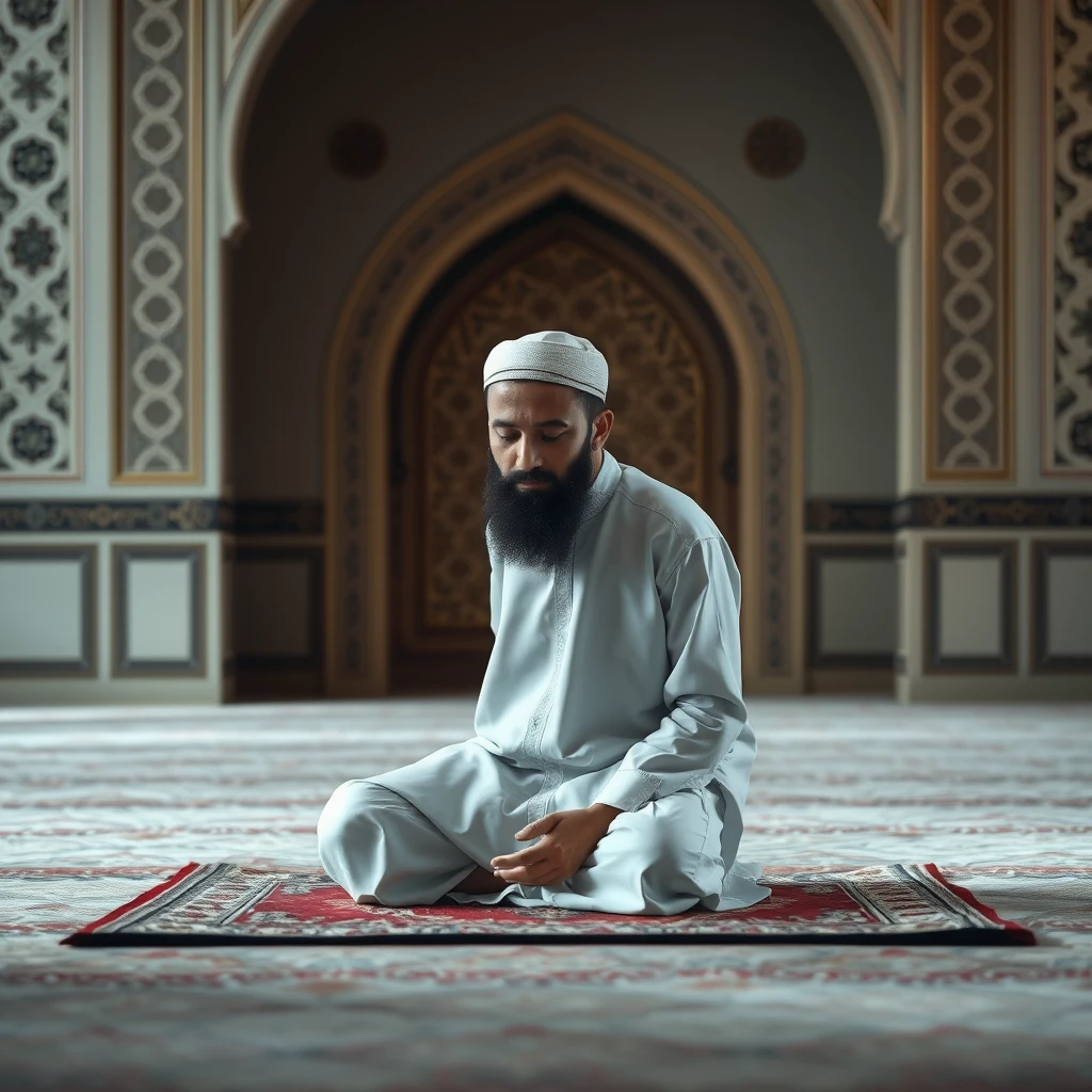 Generate an image of a Muslim Isa Al Masih individual in a traditional prayer position (Sujood) on a prayer rug. The background should be serene and peaceful, with subtle, soft lighting. The setting could be an indoor space with elegant Islamic architecture, such as intricate patterns and arches. The person should be dressed in traditional attire, and the overall tone should convey reverence and tranquility. - Image