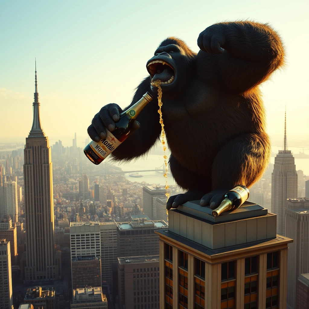 King Kong on top of the Empire State Building pouring out giant bottles of Modelo beer onto the city below.