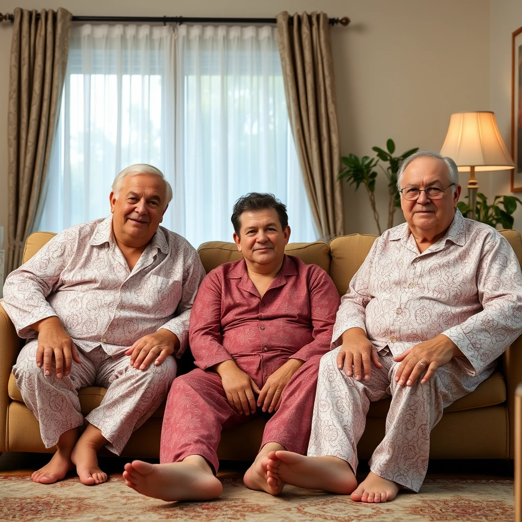 3 larger older trans men aged 80 in the living room wearing lace pajamas, and men aged 25 sit between their legs.