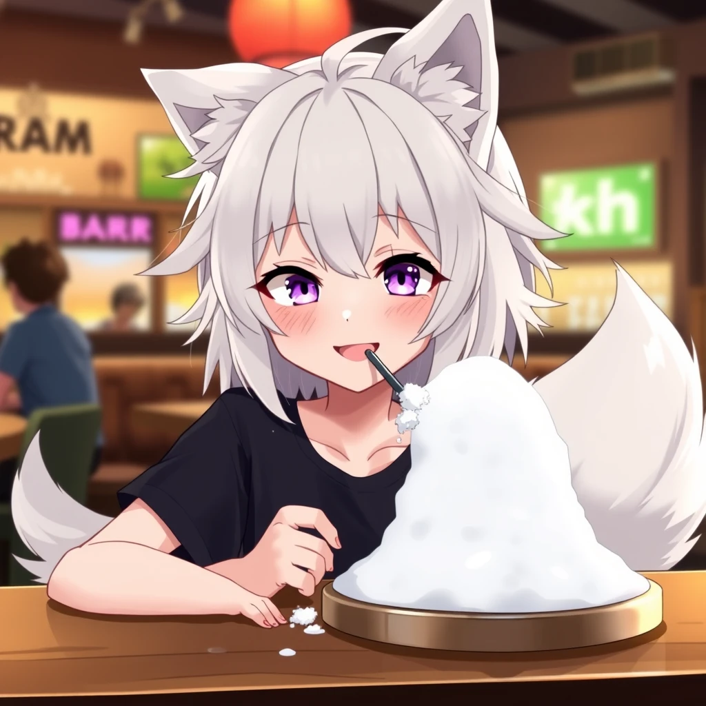 Cute teen anime girl with fluffy wolf ears and a fluffy tail, white messy medium hair, purple eyes, wearing a black t-shirt, sitting at the table in a bar. On the table is a tiny mountain of snow. The girl looks at the snow with a big crazy smile and has a straw in her right hand. She has a bit of snow under her nose. - Image