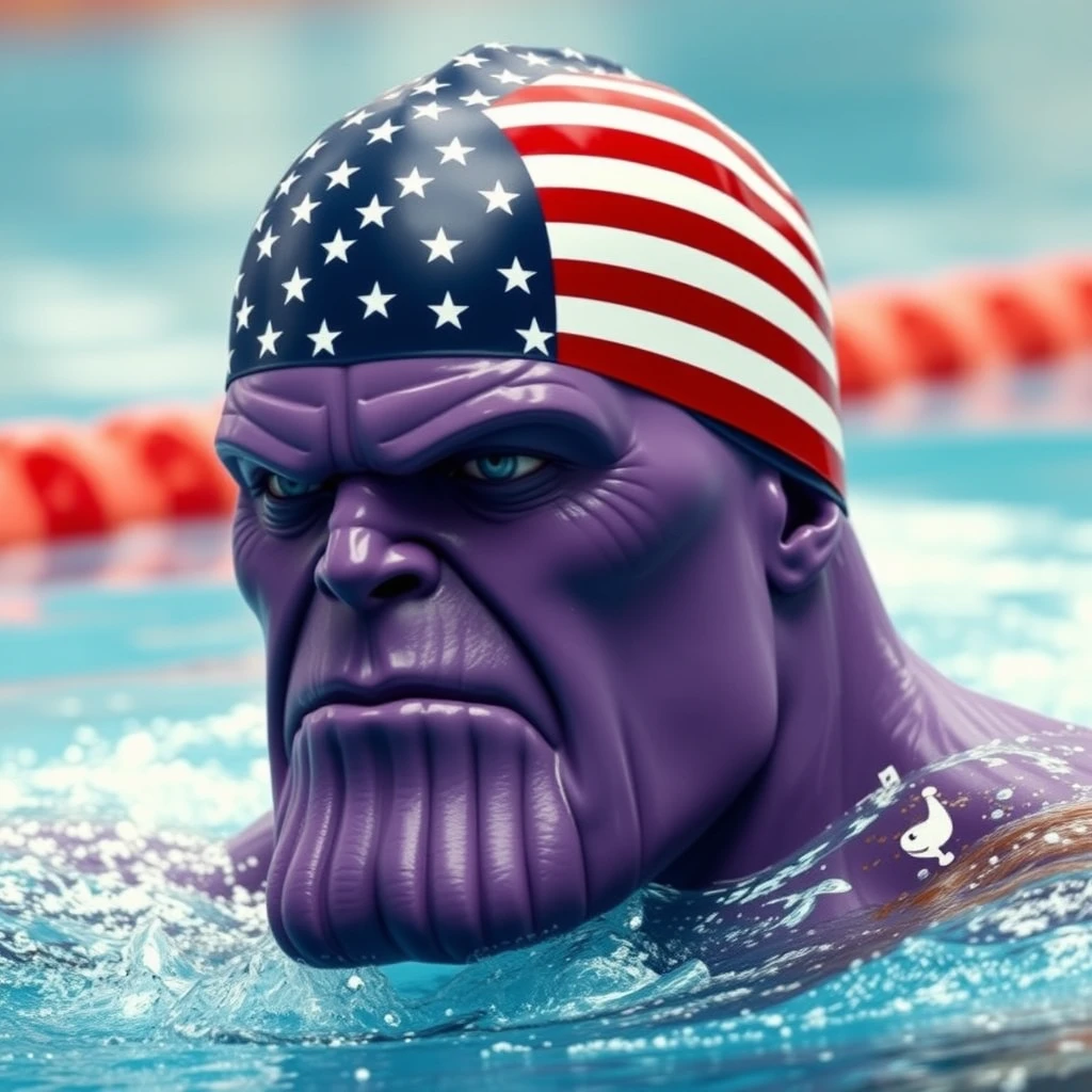 "Only Thanos, with a purple face, is swimming in a competition, wearing a swimming cap adorned with the American flag, in a realistic style." - Image