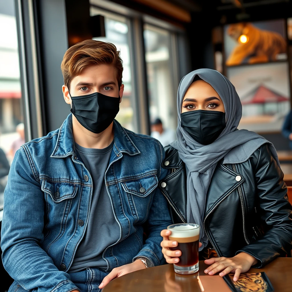 Jamie Dornan's head and body shot, handsome, black face mask, blue jeans jacket, jeans, dating with a Muslim girl in a grey hijab, beautiful eyes, black face mask, black leather jacket, the biggest tiger pattern skirt, at a café, cup of espresso, photorealistic. - Image